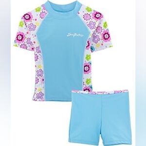 SunBusters Girls UV UPF50+ 2-Piece Fitted Rash Swim Set Blue Floral NWT